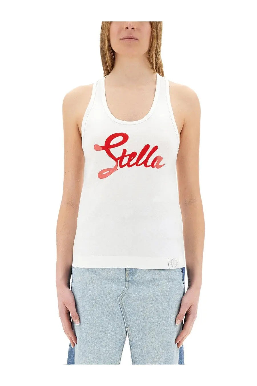 White stella mccartney tank top with red cursive logo featuring a comfortable sleeveless design for casual wear