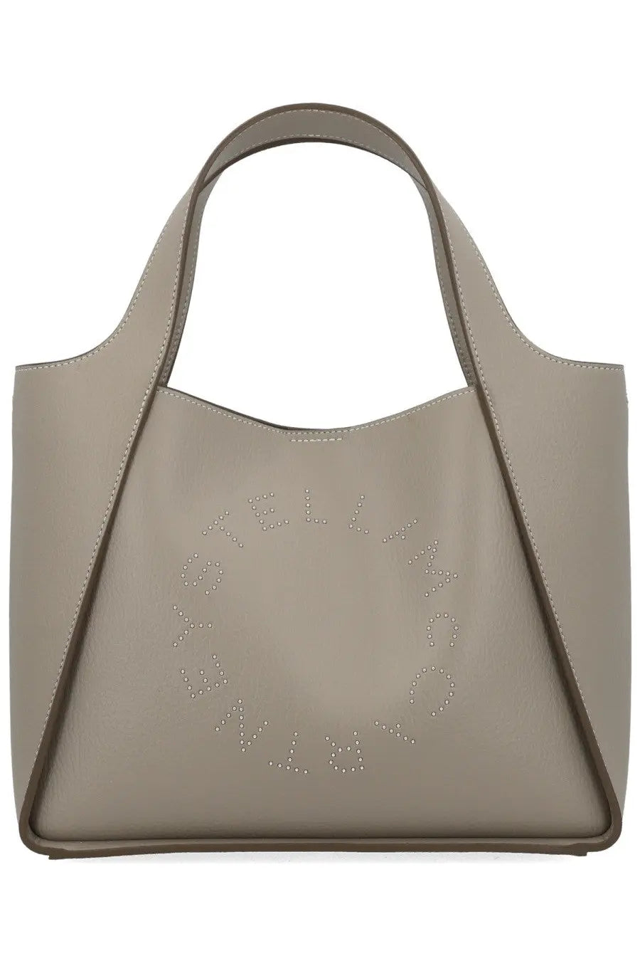 Stella McCartney women’s grey tote bag in taupe leather with a subtle circular metallic stud logo