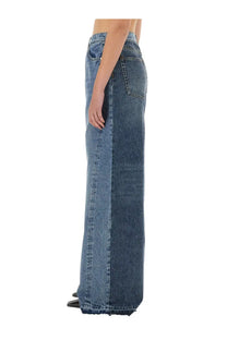 Stella McCartney women’s wide leg jeans in medium-wash blue denim with classic stitching and straight-cut silhouette