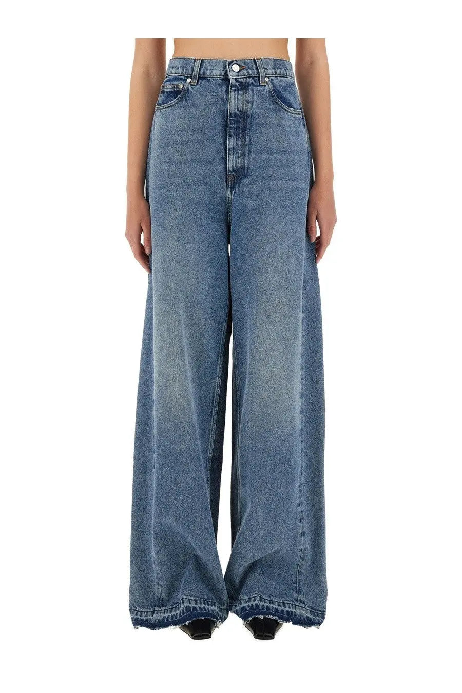 Stella McCartney women’s wide leg jeans in medium blue wash denim with high waist and frayed hems
