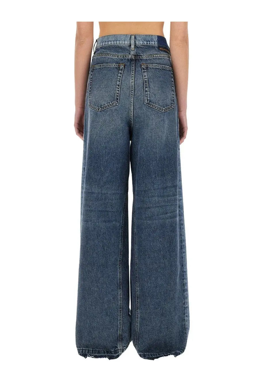 Stella mccartney women’s high-waisted wide-leg denim jeans in medium blue wash with frayed hems and back pockets showing
