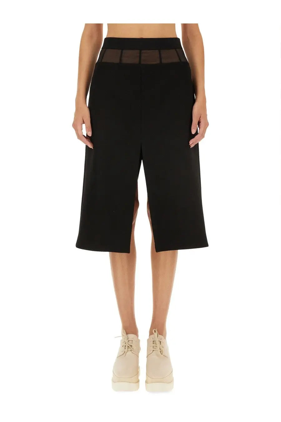 Stella mccartney women’s black wool culottes with high waist and sheer mesh panel at the waistband