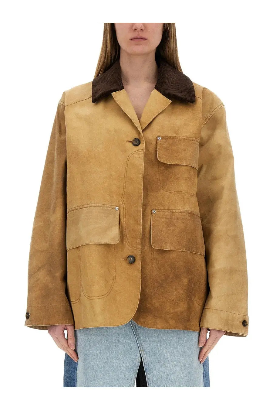 Stella McCartney women’s workwear harrington jacket in beige tan suede with dark brown collar and button closures