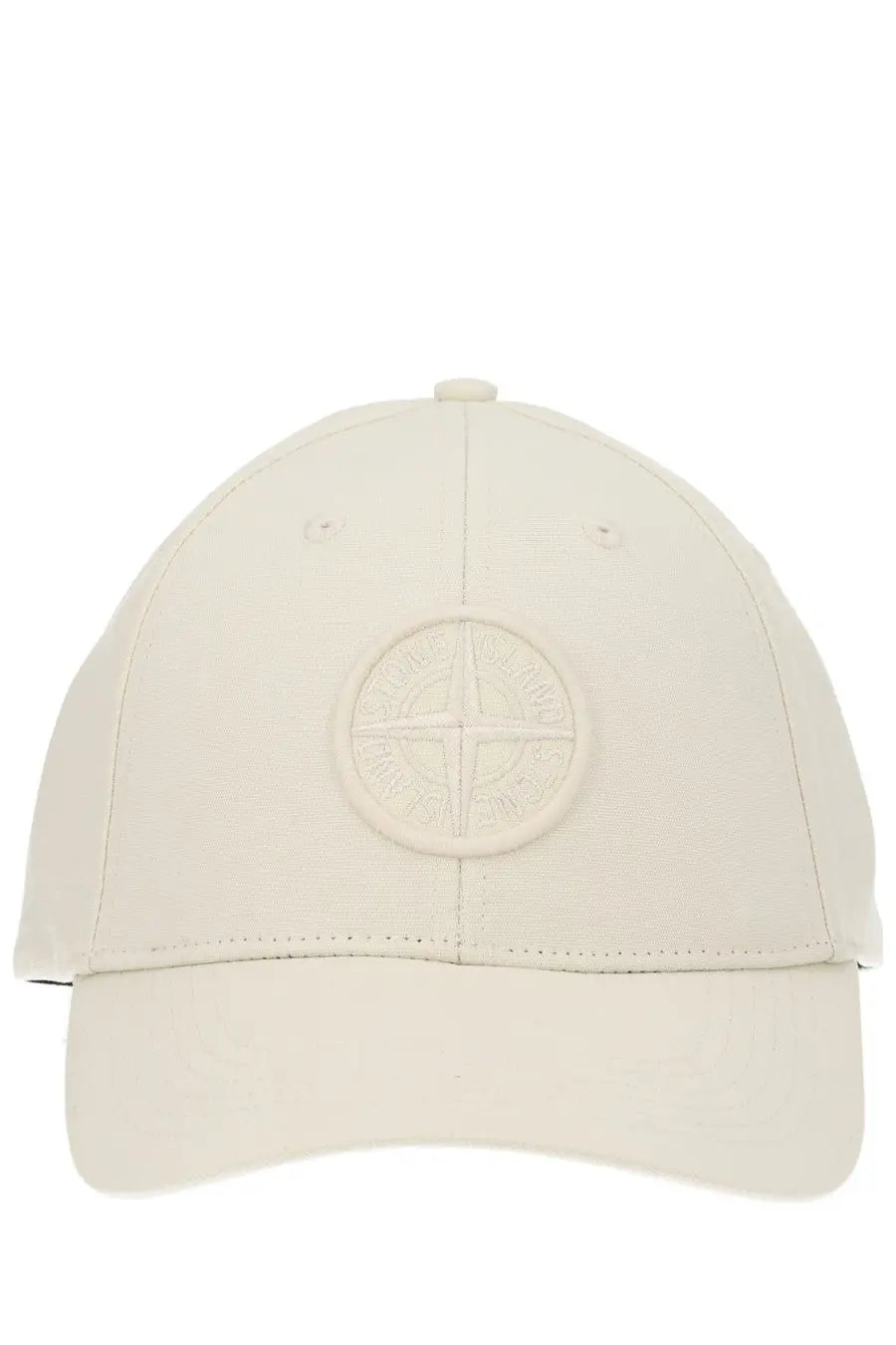 Stone Island men’s cream baseball cap with subtle embossed compass rose logo on the front in white color