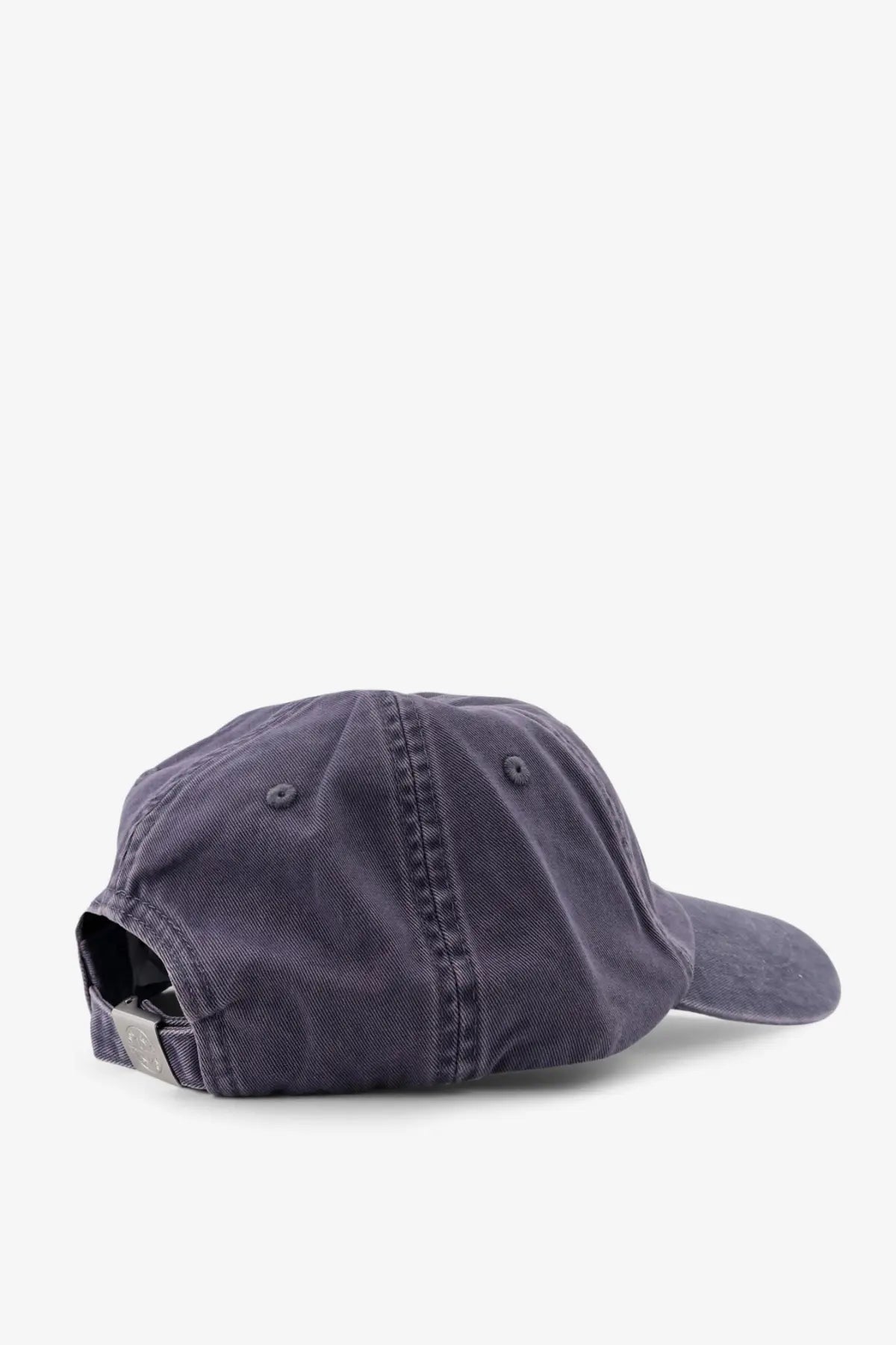 Stone island men’s cotton baseball hat grey shown from the back with dark blue denim curved brim and adjustable strap