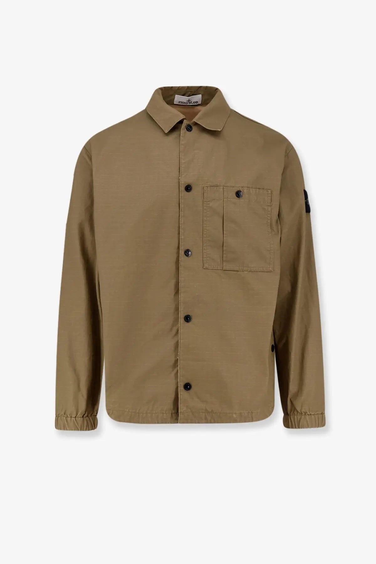 Stone Island men’s cotton shirt in tan with black buttons and a chest pocket for casual wear
