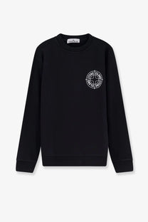 Stone island men’s black cotton crewneck sweatshirt with white circular logo embroidered on left chest