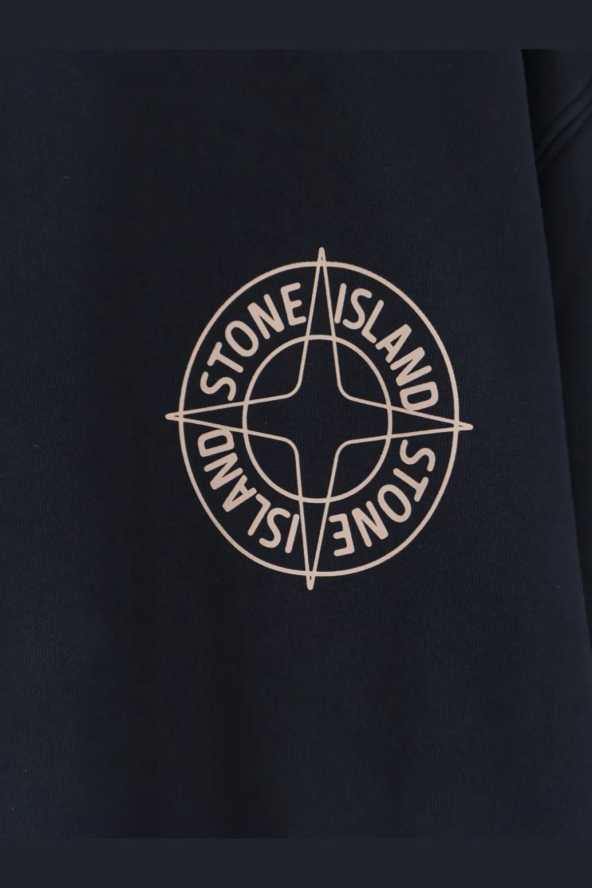 Stone island men’s cotton sweatshirt blue featuring a black stone island jacket with beige compass rose logo on chest