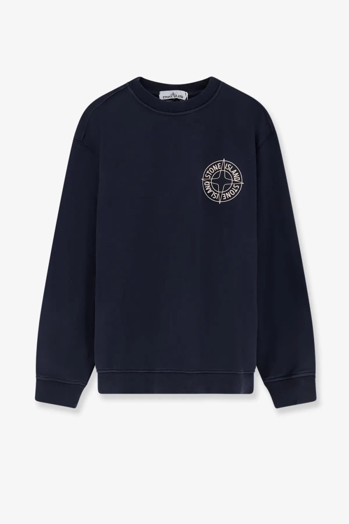 Stone Island men’s cotton crewneck sweatshirt in dark navy blue with a white circular logo embroidered on the chest
