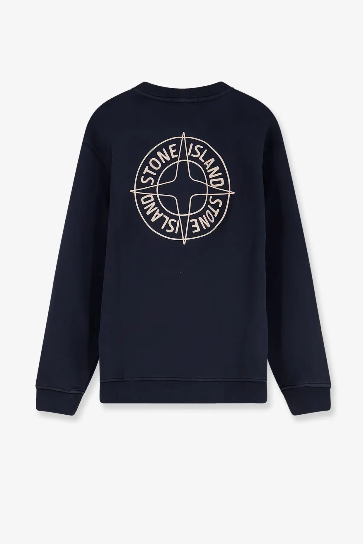 Dark navy stone island men’s cotton sweatshirt with white compass rose logo embroidered on the back