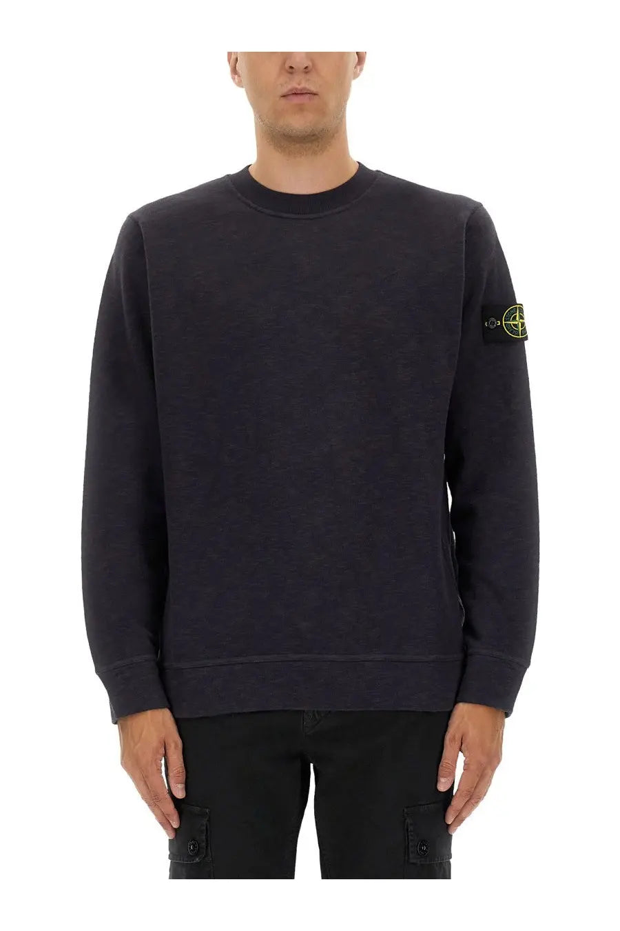 Stone Island men’s grey cotton sweatshirt with black stone island crewneck and neon yellow logo patch on left sleeve