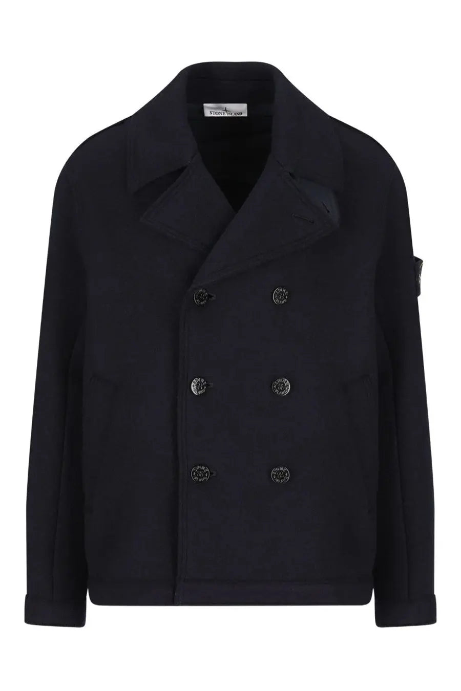 Stone Island men’s black double-breasted peacoat with silver-toned buttons and stone island logo patch on sleeve