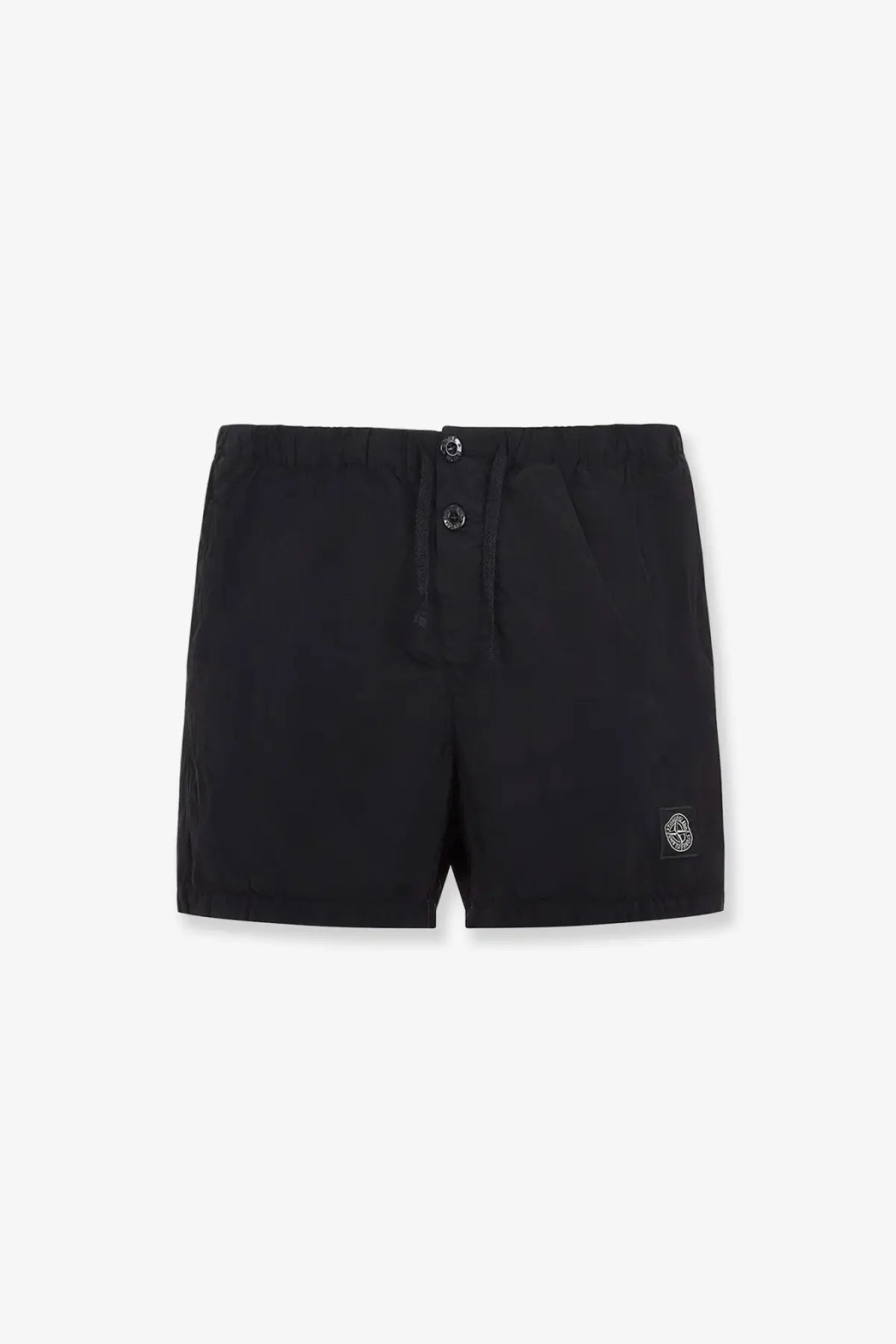 Stone Island men’s black econylon swim trunks with a subtle woven logo patch on the lower right leg front view