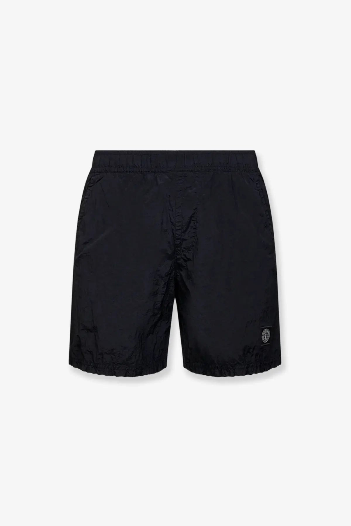 Stone Island men’s black econylon swim trunks with elastic waistband and logo patch on lower right leg