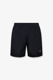 Stone island men’s econylon swim trunks in black nylon with elastic waistband and logo patch on lower right leg