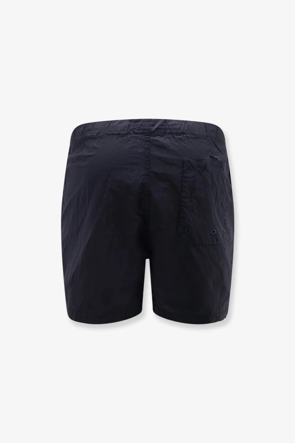 Back view of stone island men’s econylon swim trunks in black with elastic waistband and buttoned back pocket