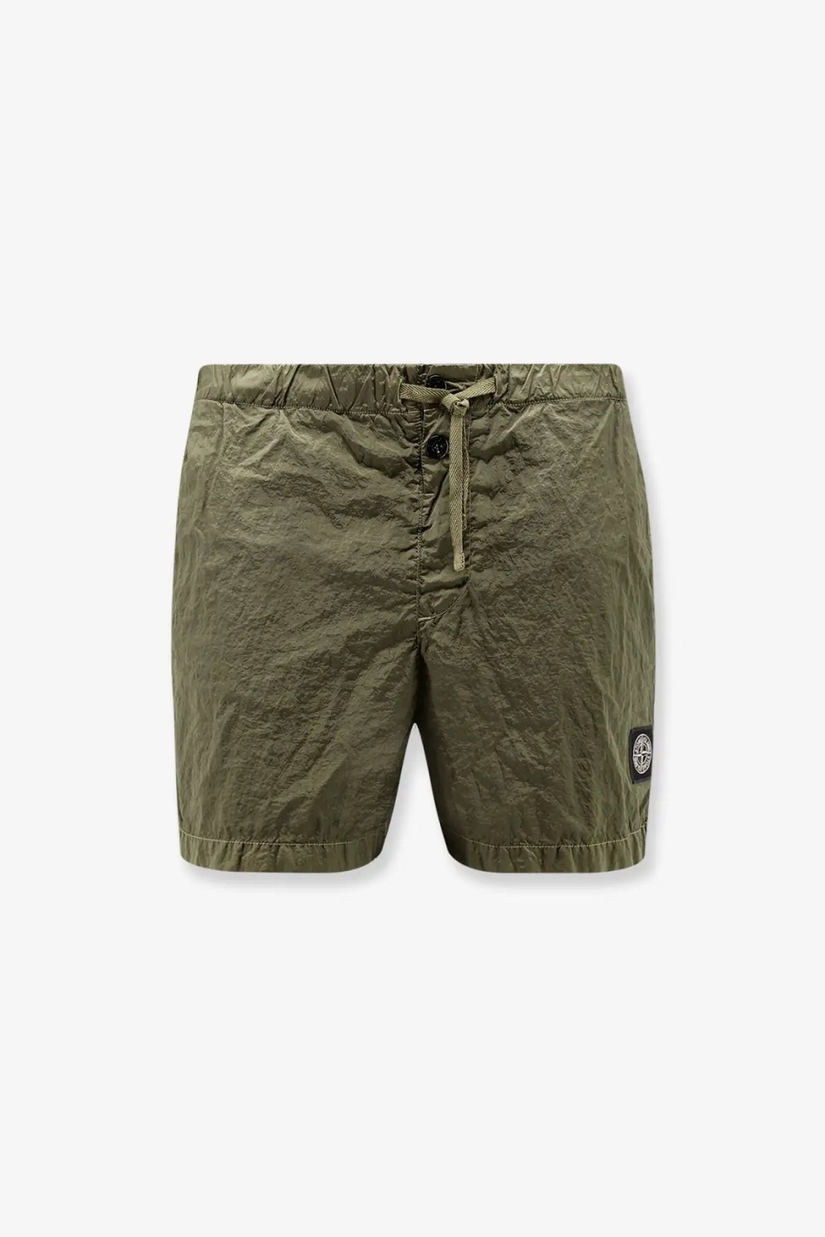 Stone Island men’s olive green Econylon lightweight swim trunks with drawstring waist and logo patch on lower right leg