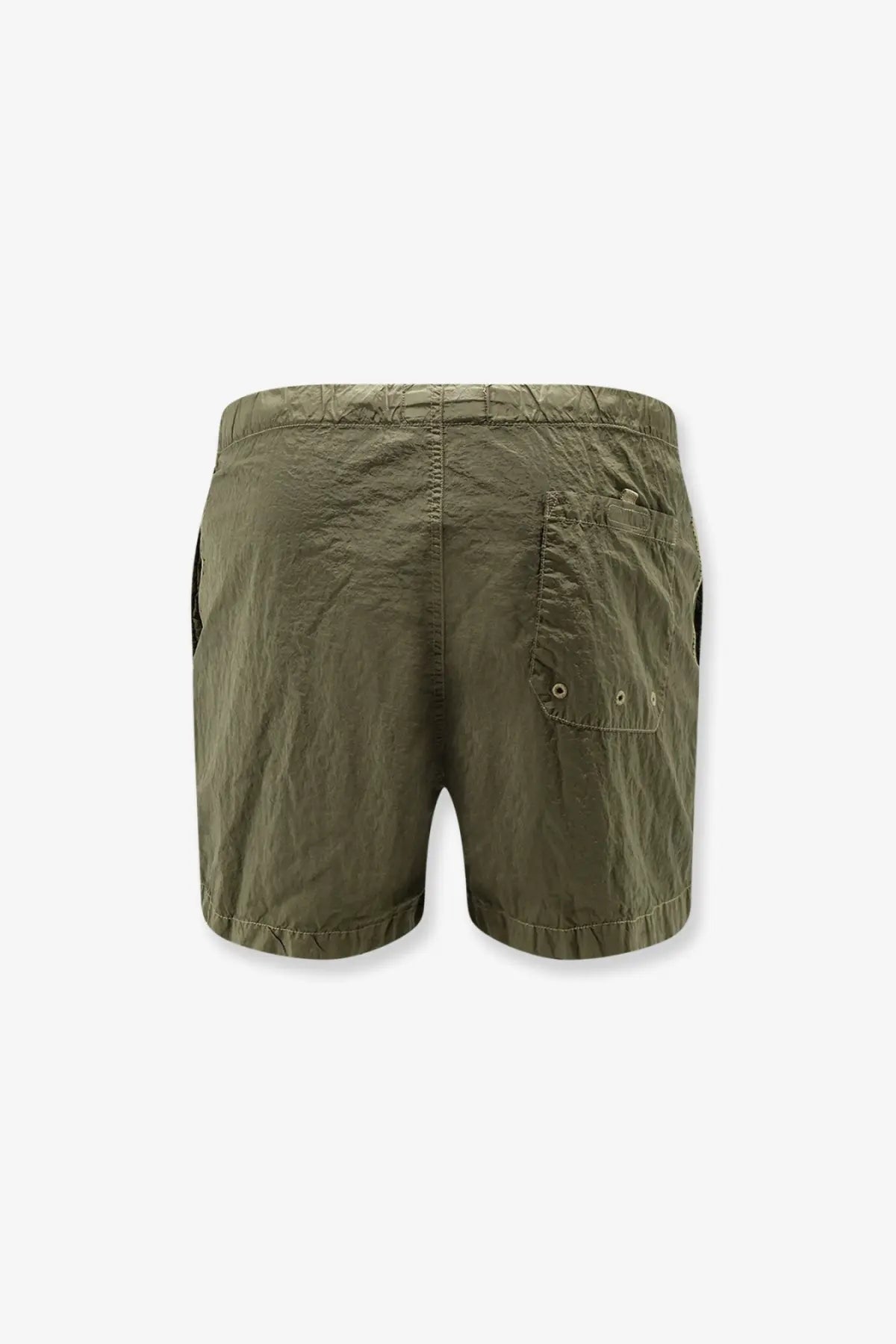 Back view of stone island men’s econylon swim trunks in olive green with textured fabric and silver-toned eyelet pocket