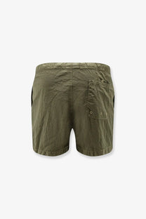 Back view of stone island men’s econylon swim trunks in olive green with textured fabric and silver-toned eyelet pocket