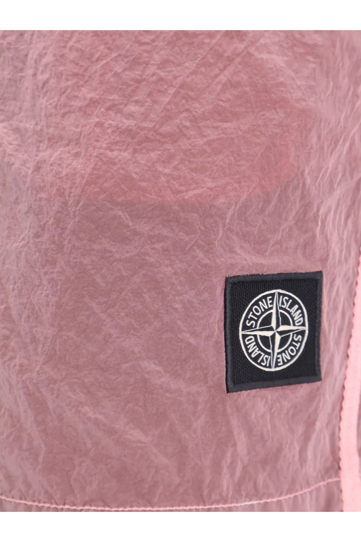 Pink textured stone island men’s econylon swim trunks with black logo patch