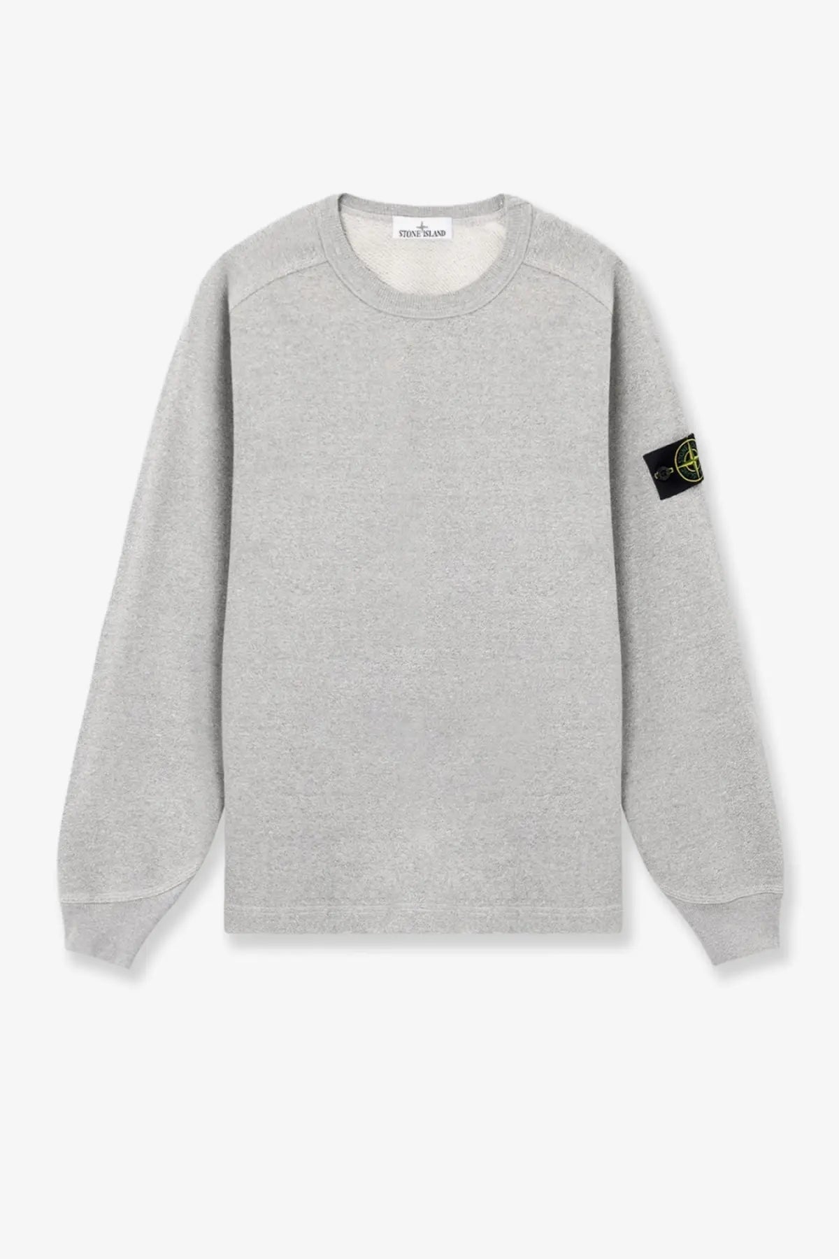 Stone Island men’s élange cotton sweatshirt grey heather with ribbed crew neck cuffs and logo patch on left sleeve