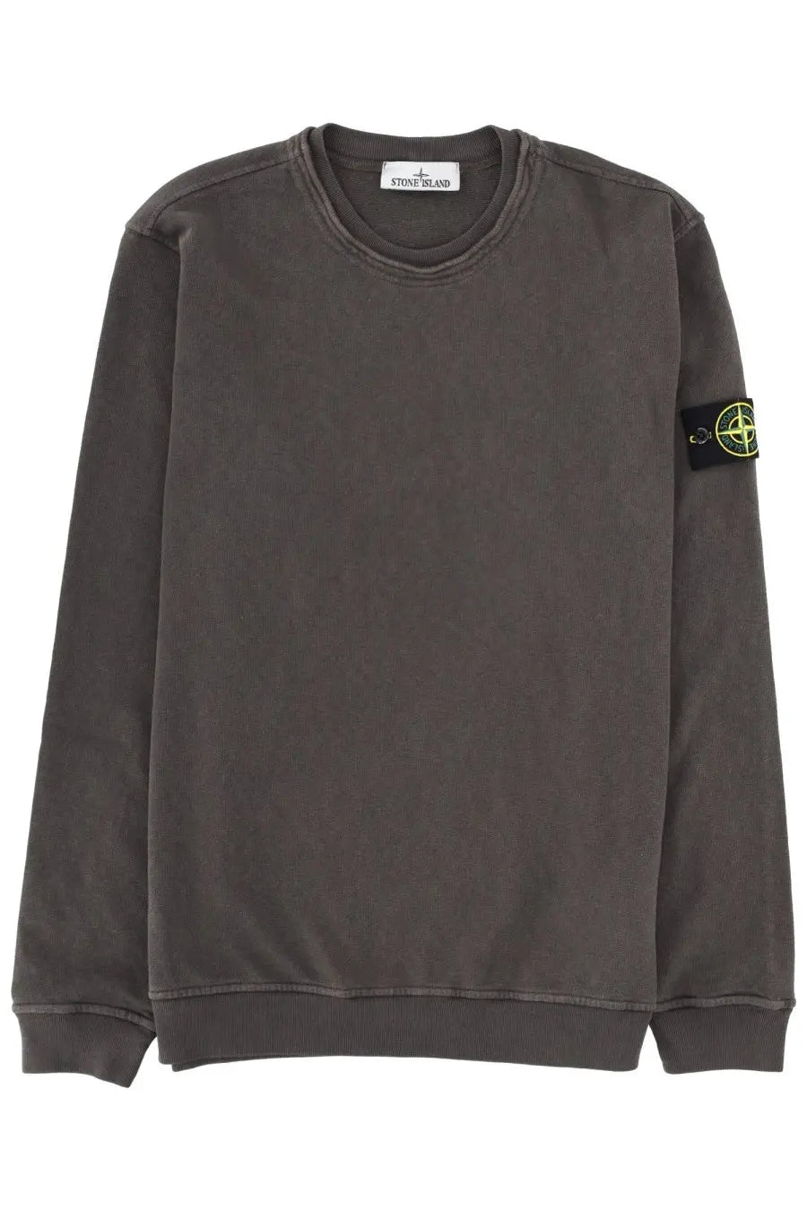 Stone Island men’s felpa con patch grey dark gray stone sweatshirt with faded texture and yellow compass logo on sleeve