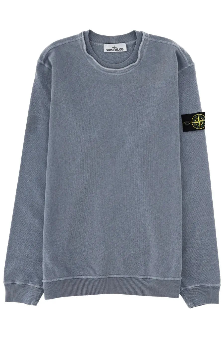 Stone Island men’s felpa con patch grey sweatshirt with gray stone fabric and black compass logo patch on left sleeve