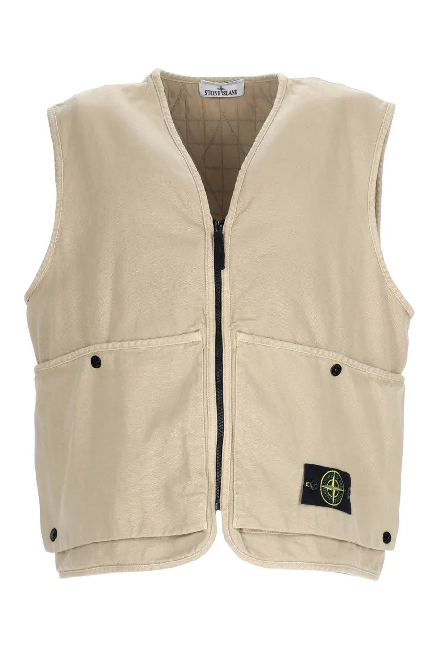 Stone Island men’s beige utility vest with black zipper, buttoned pockets, and logo patch in oversize fit