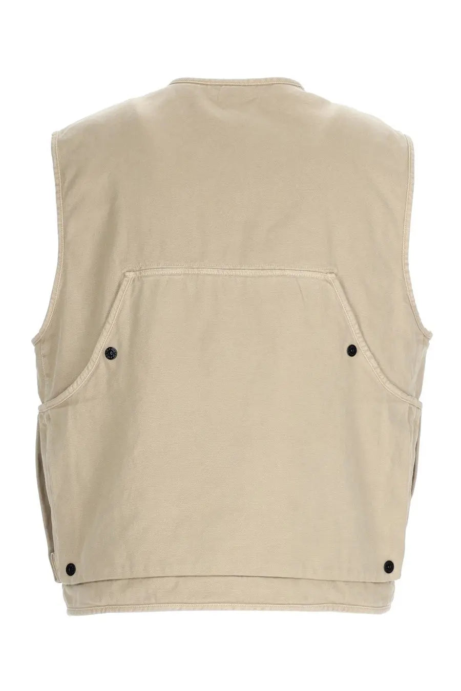 Stone Island men’s beige utility gilet oversize with two front pockets and black button closures on front and hem