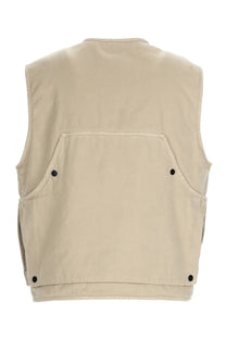 Stone island men’s beige utility gilet oversize with two front pockets and black buttoned hem