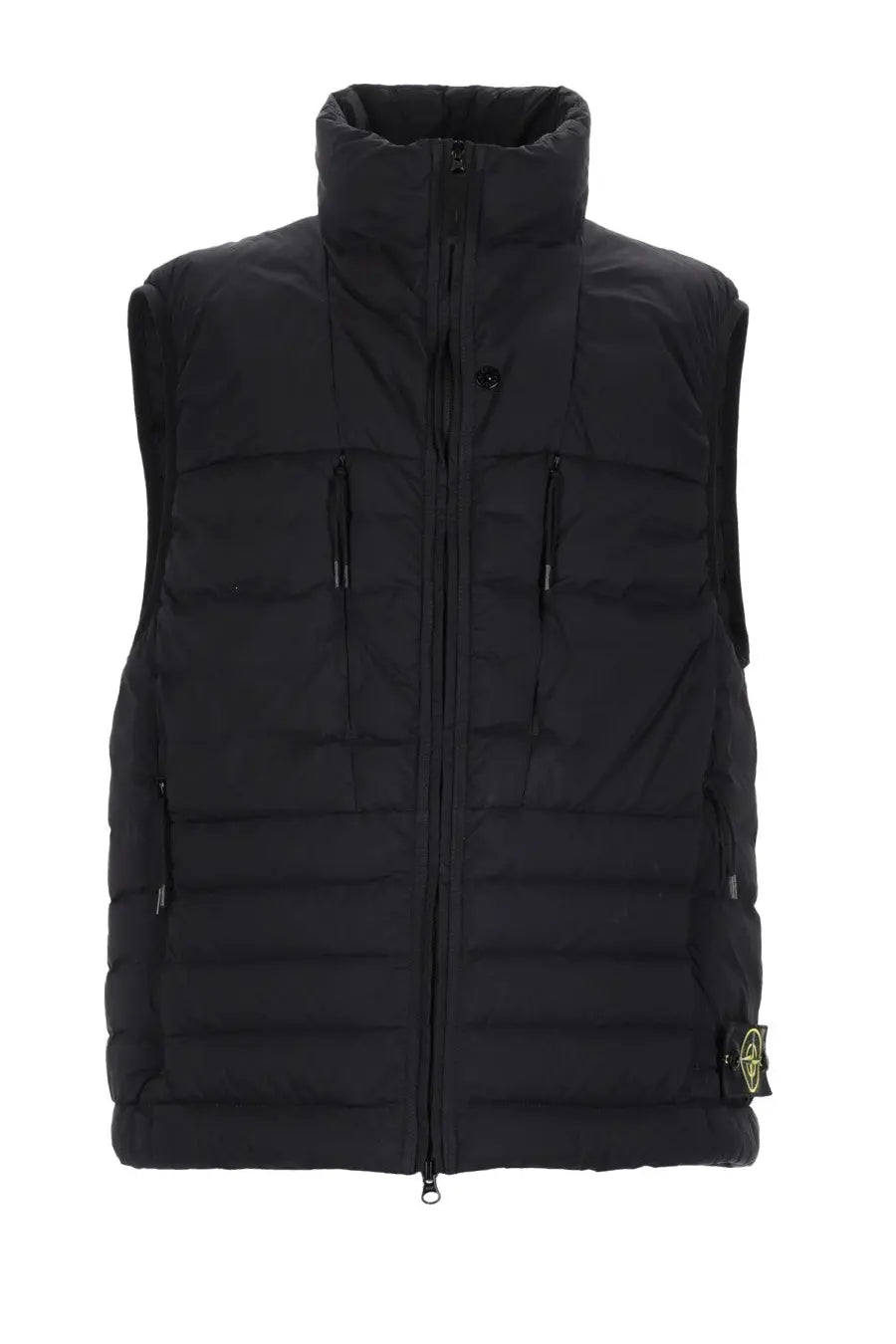 Stone Island men’s black puffer vest with high collar, front zipper, nylon material, and drawstring side pockets