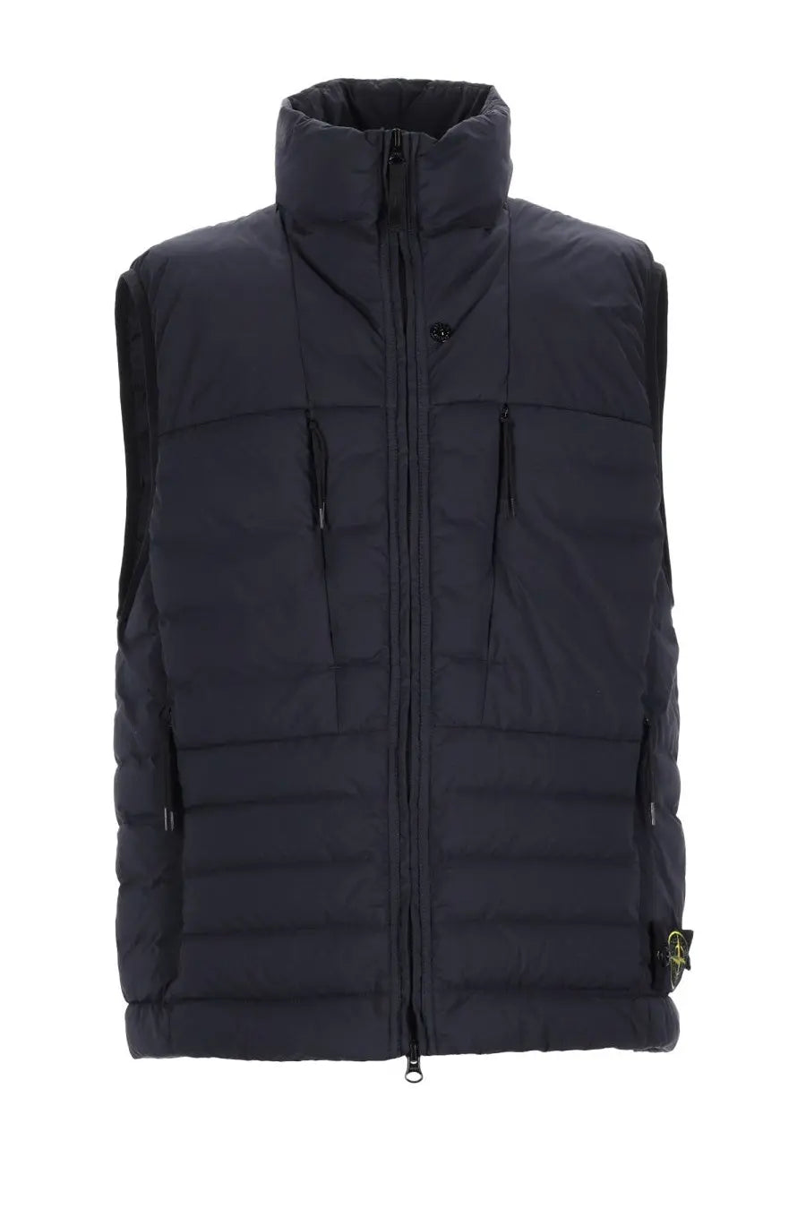 Stone Island men’s dark navy quilted puffer vest with high collar and front zipper in seamless nylon blue