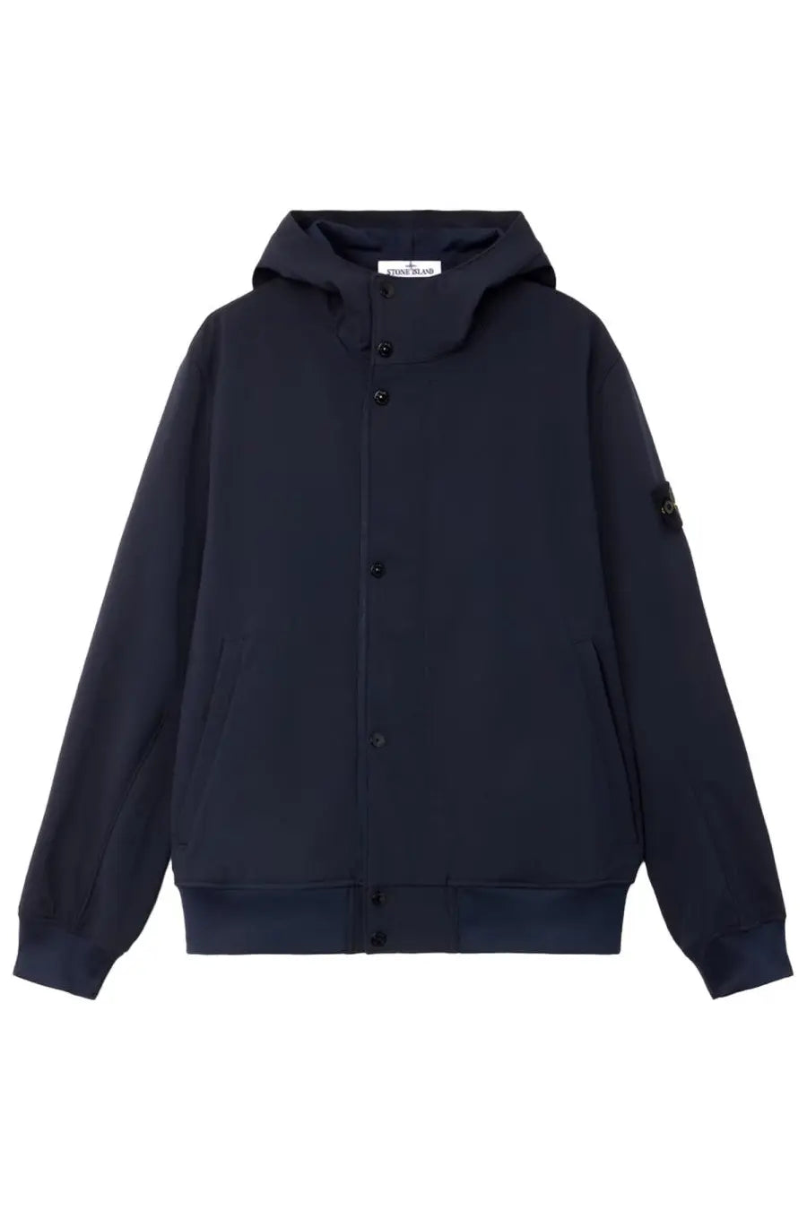 Stone island men’s black stone island hooded jacket with button closure and logo patch on sleeve