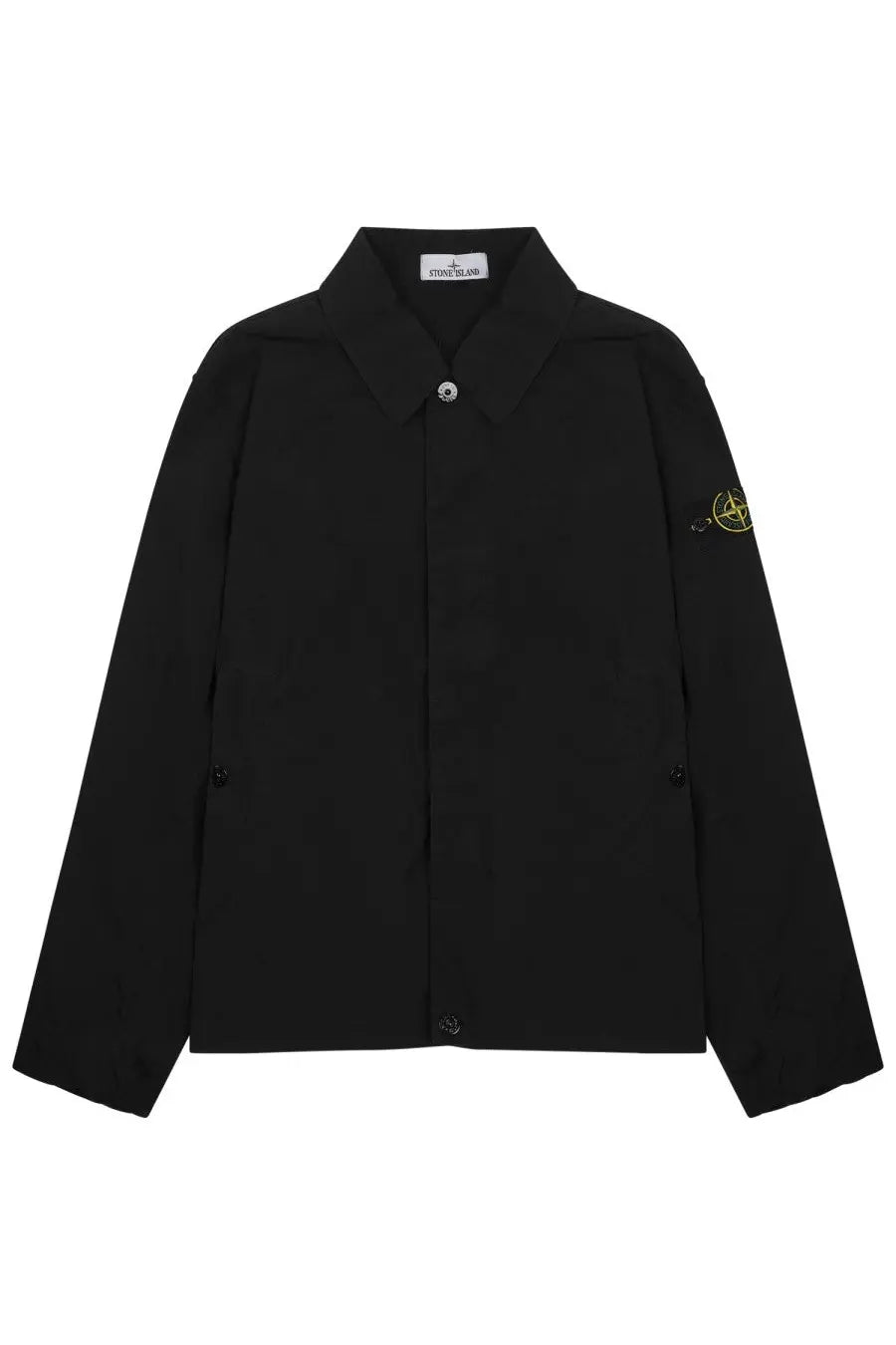 Stone Island men’s black jacket with button closures and subtle yellow logo on the sleeve