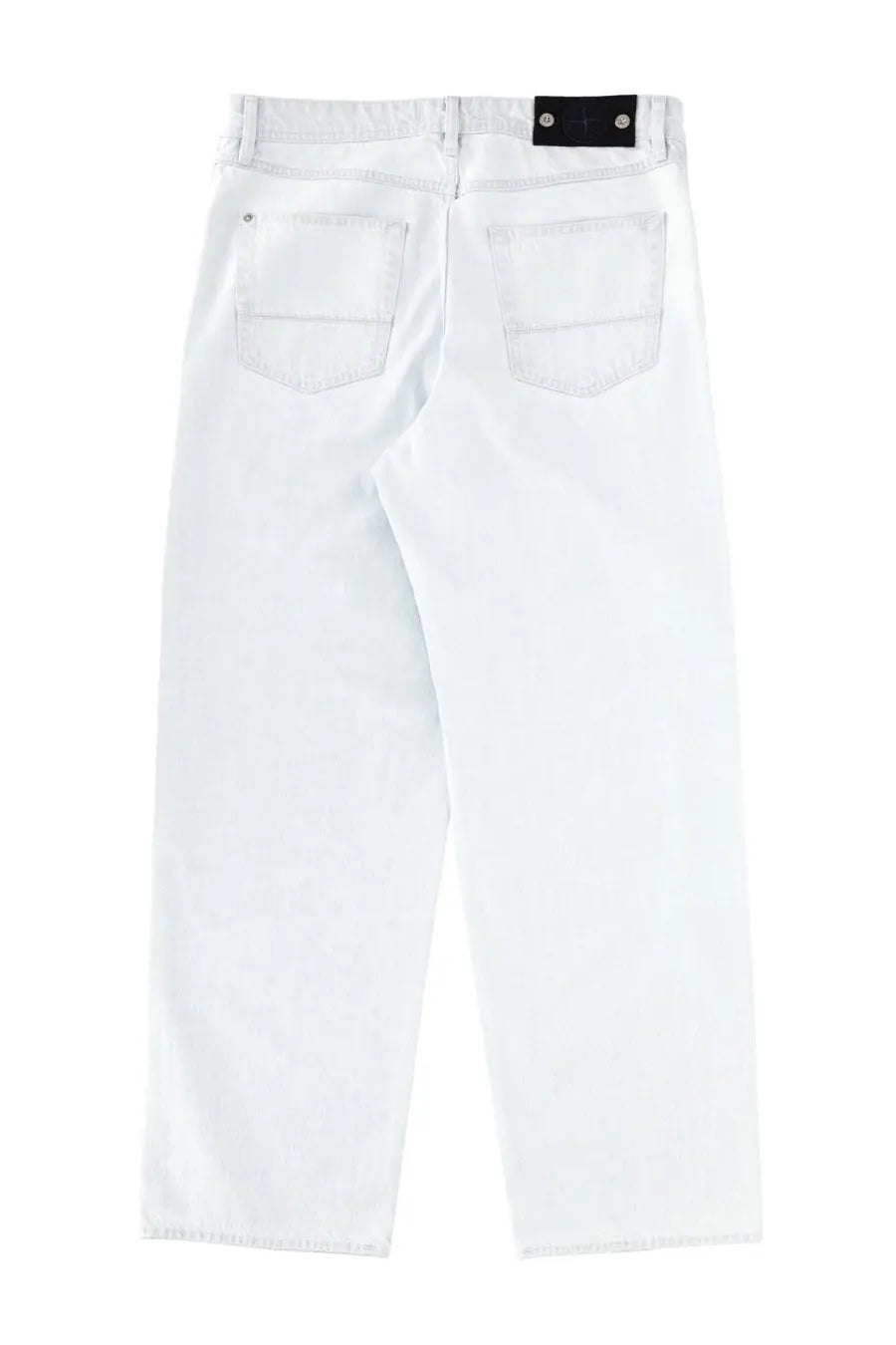 Stone island men’s white denim jeans showing back with black brand patch at waistband in denim blue style