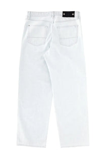 Stone island men’s white denim jeans showing back with black brand patch at waistband in denim blue style