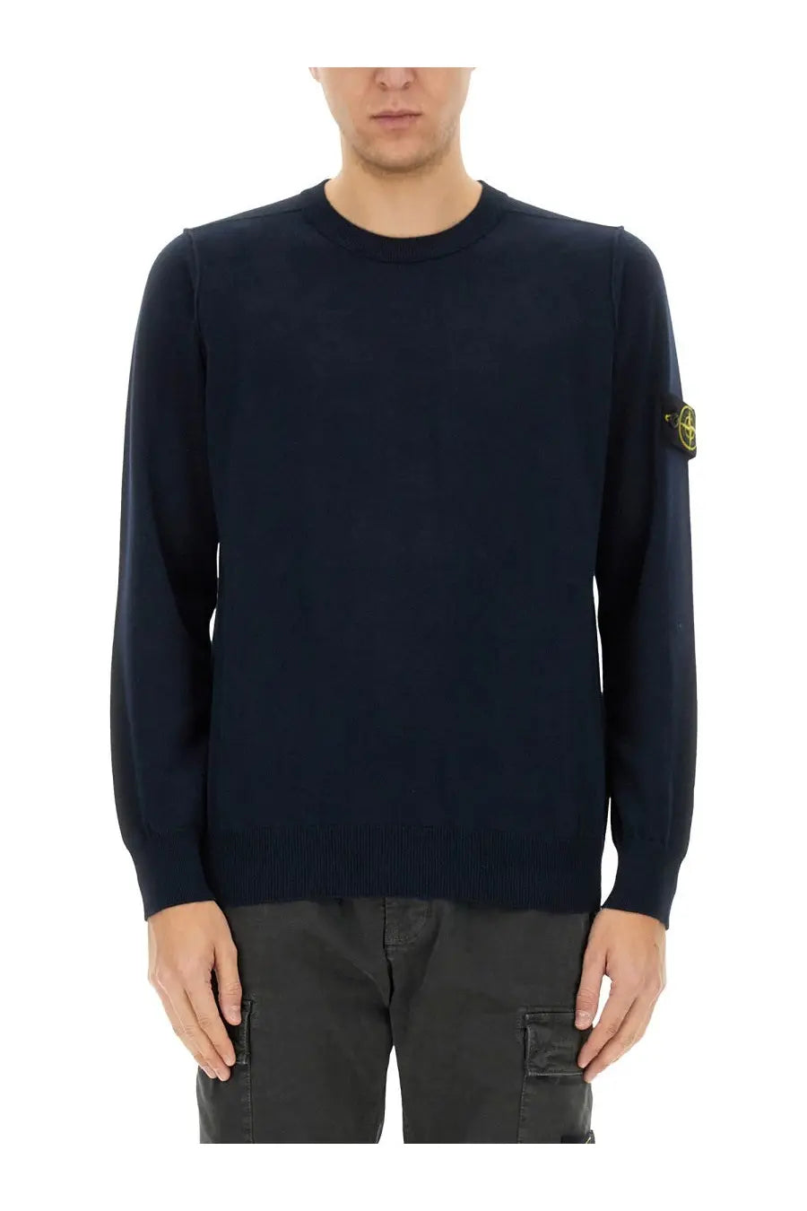 Stone Island men’s jersey blue dark navy knit sweater with yellow logo patch on the left sleeve