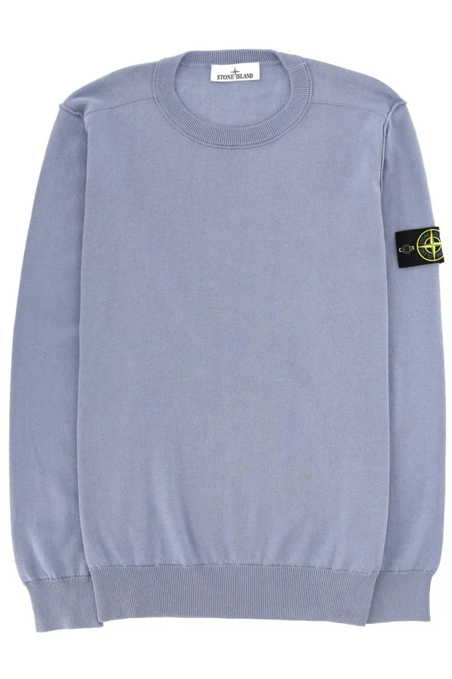 Stone Island men’s jersey blue soft lavender stone island crewneck sweater with ribbed cuffs and black patch on sleeve