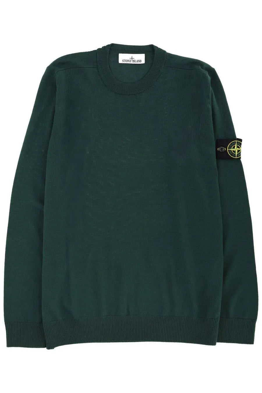 Stone Island men’s jersey green crewneck sweater in dark green with ribbed cuffs and black compass rose sleeve patch