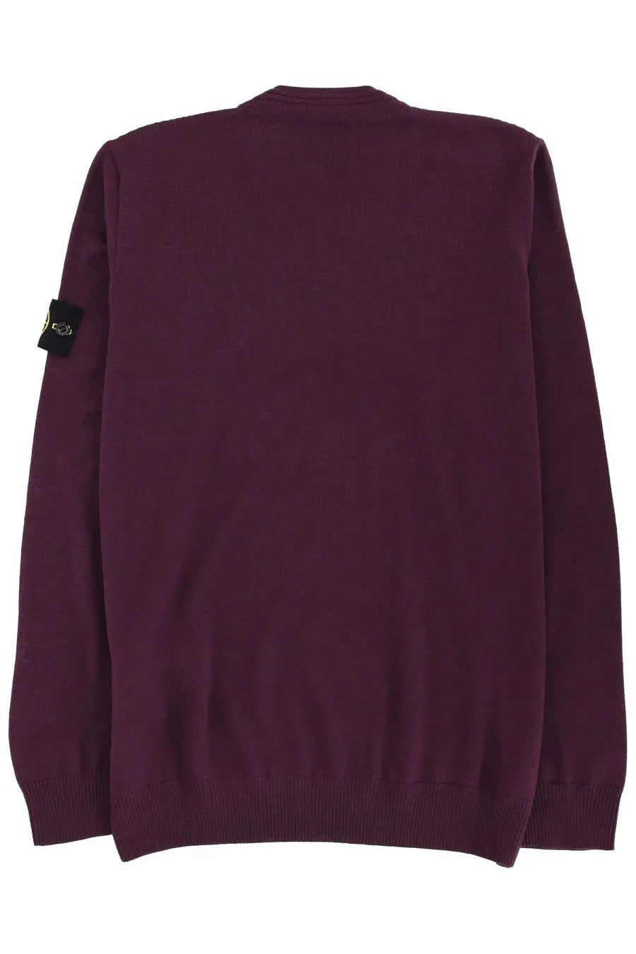 Stone Island men’s jersey red maroon knit sweater with ribbed cuffs and hem featuring black patch on left sleeve