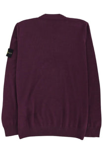 Stone Island men’s jersey red maroon knit sweater with ribbed cuffs and hem featuring black patch on left sleeve