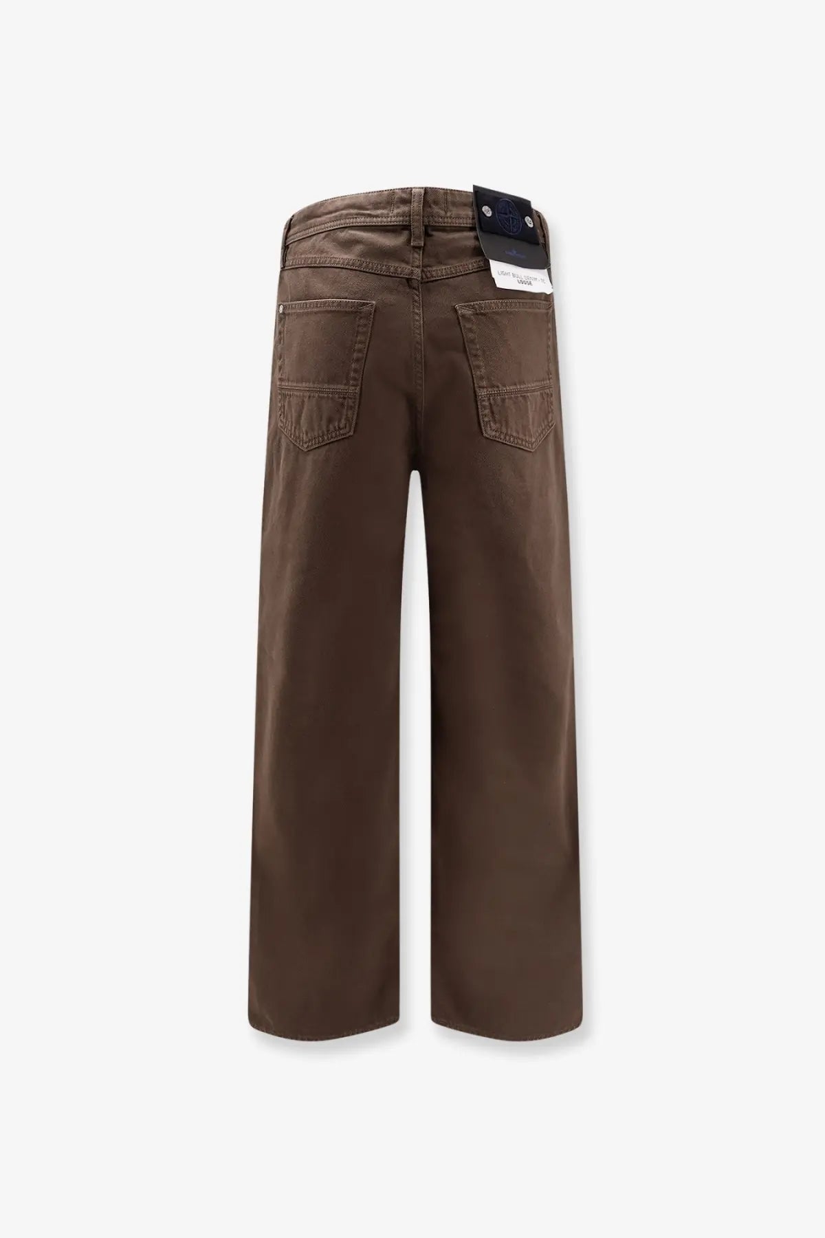 Back view of stone island men’s loose fit denim jeans umber brown wide-leg trousers with classic denim fabric and two back pockets