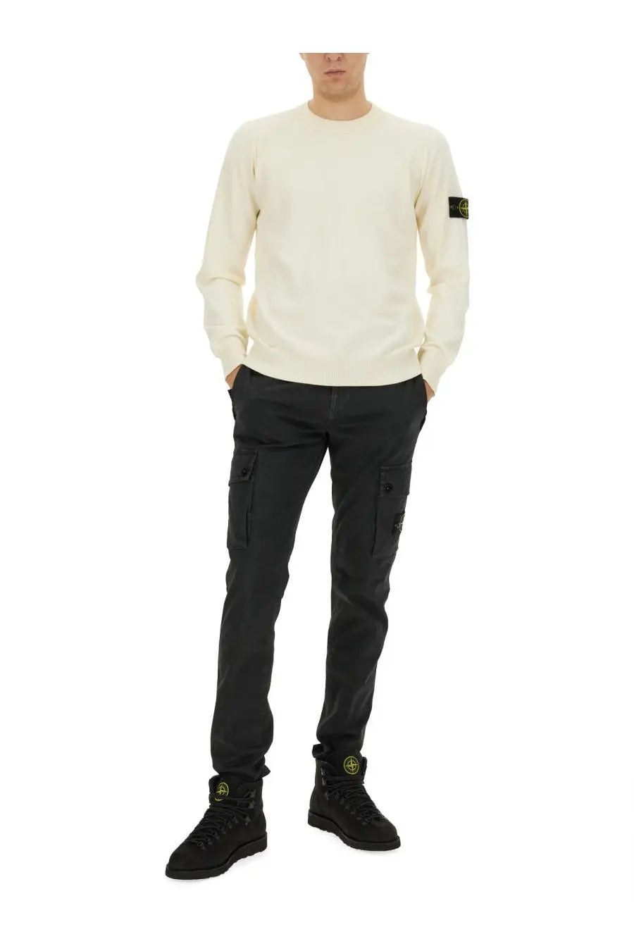 Cream-colored stone island crewneck sweater with black logo patch on left sleeve for men in maglia con white style