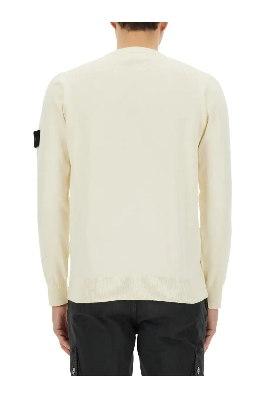 Stone Island men’s maglia con white cream knit sweater with ribbed hem cuffs and black patch on left sleeve