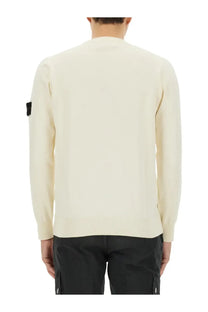 Stone Island men’s maglia con white cream knit sweater with ribbed hem cuffs and black patch on left sleeve