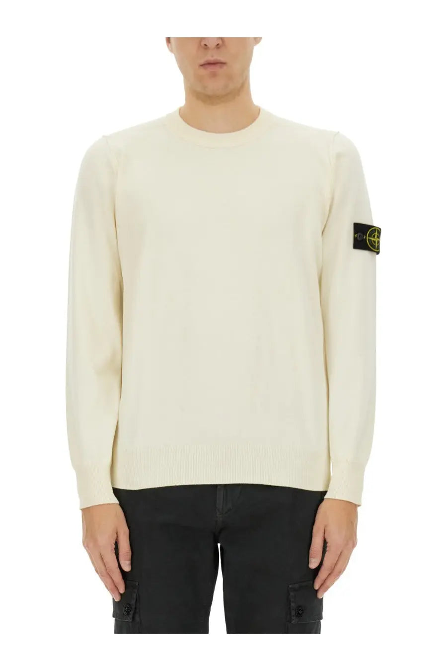 Stone Island men’s cream-colored long-sleeved knit sweater with black patch logo on left sleeve