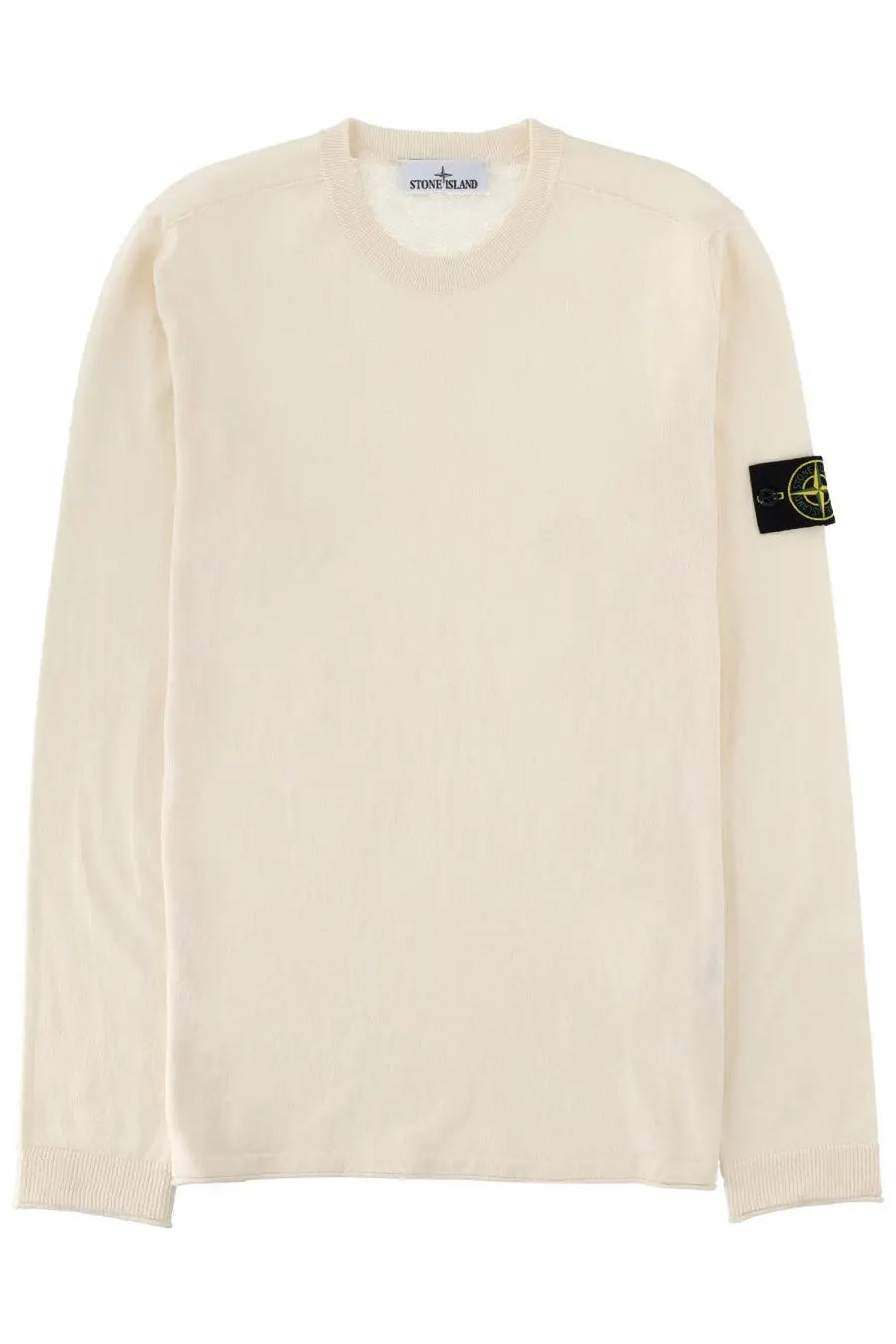 Stone Island men’s cream cotton crewneck sweater with black sleeve patch featuring signature compass rose logo