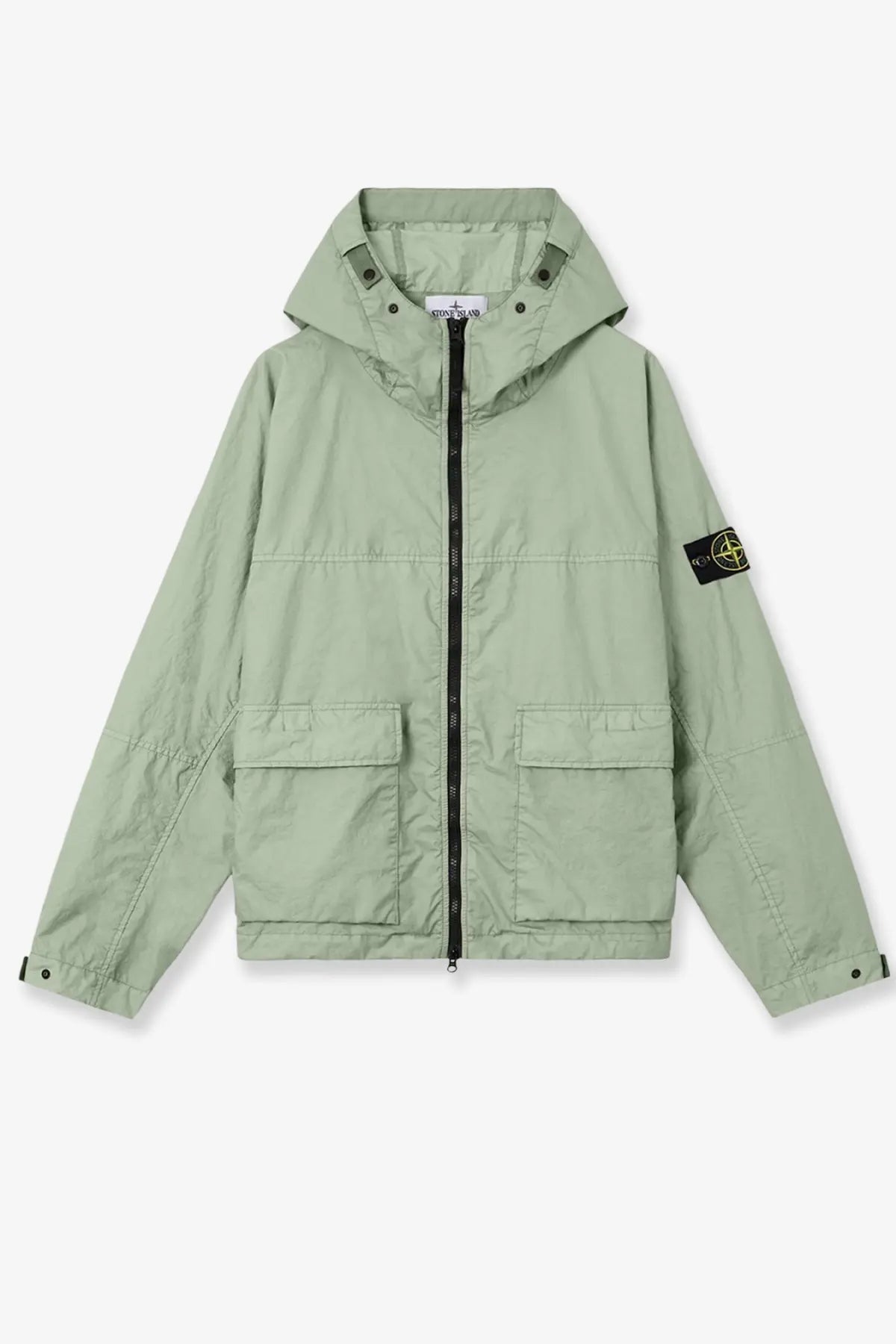 Stone Island men’s membrana 3L TC jacket in light green with black zipper and two front pockets