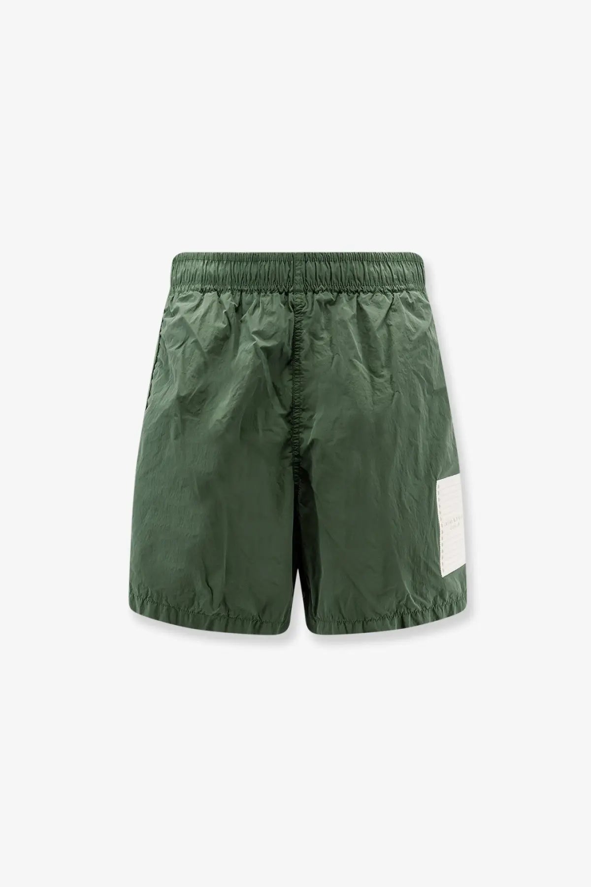 Stone island men’s olive green lightweight nylon swim trunks with elastic waistband and white patch on lower right leg
