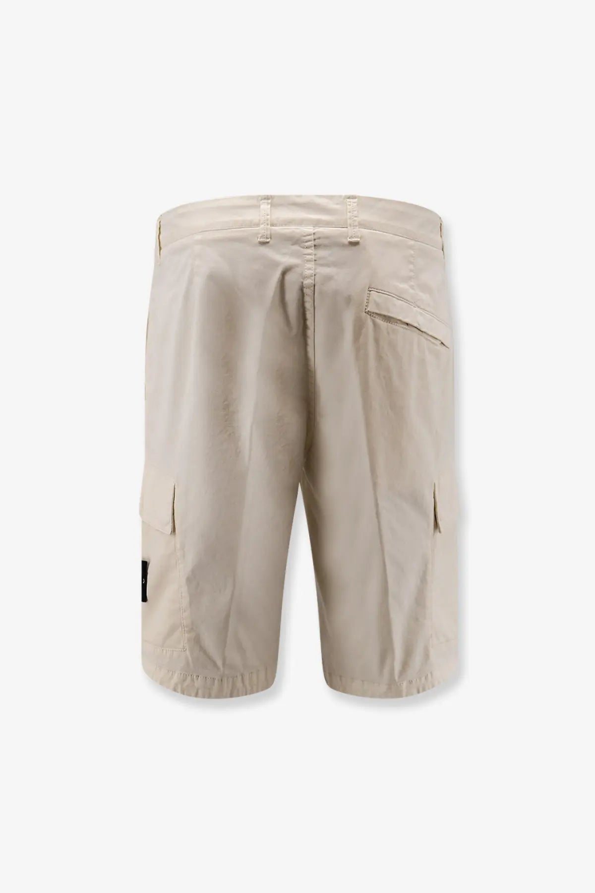 Stone Island men’s beige organic cotton cargo shorts with multiple pockets and subtle brand patch on the side
